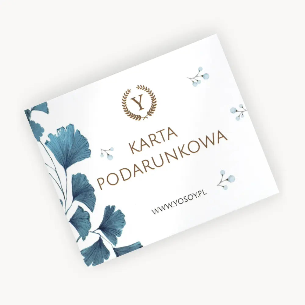 Karta podarunkowa YOSOY z niebieskimi motywami roślinnymi.