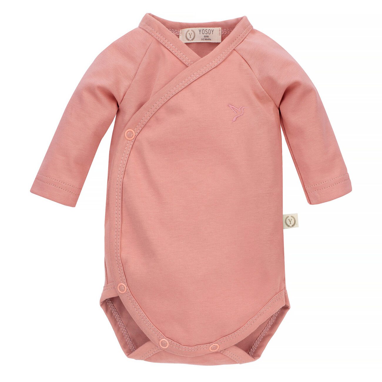 Różowe body niemowlęce z długim rękawem i kopertowym zapięciem.