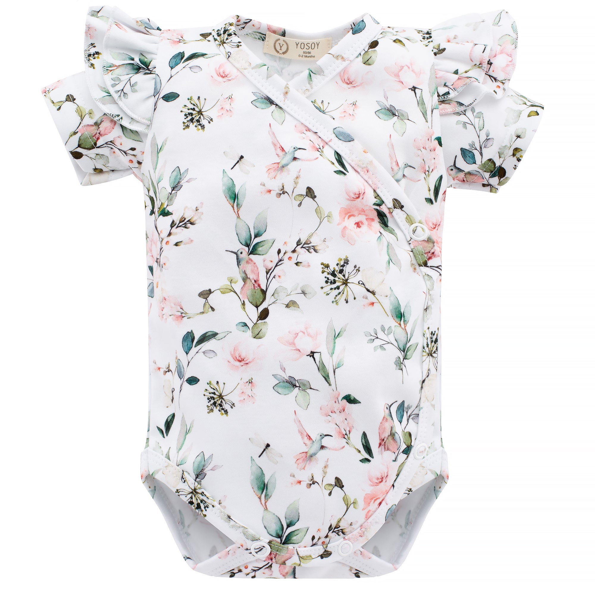 Body dziecięce z krótkim rękawem, wzór kwiatowy, białe tło