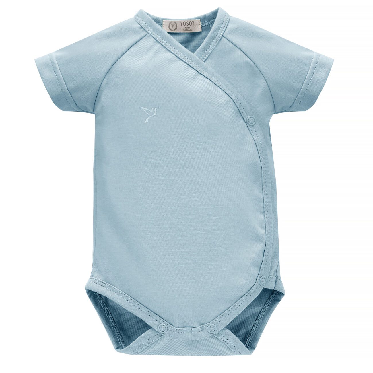 Niebieskie body niemowlęce z krótkim rękawem i zapięciem kopertowym.