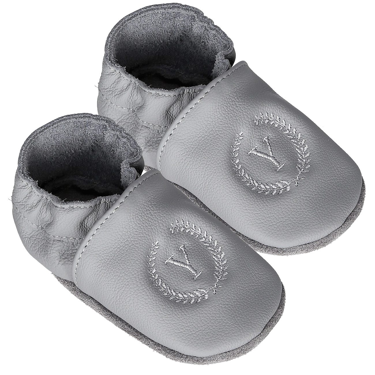 Szare skórzane buciki niemowlęce z haftowaną literą Y.