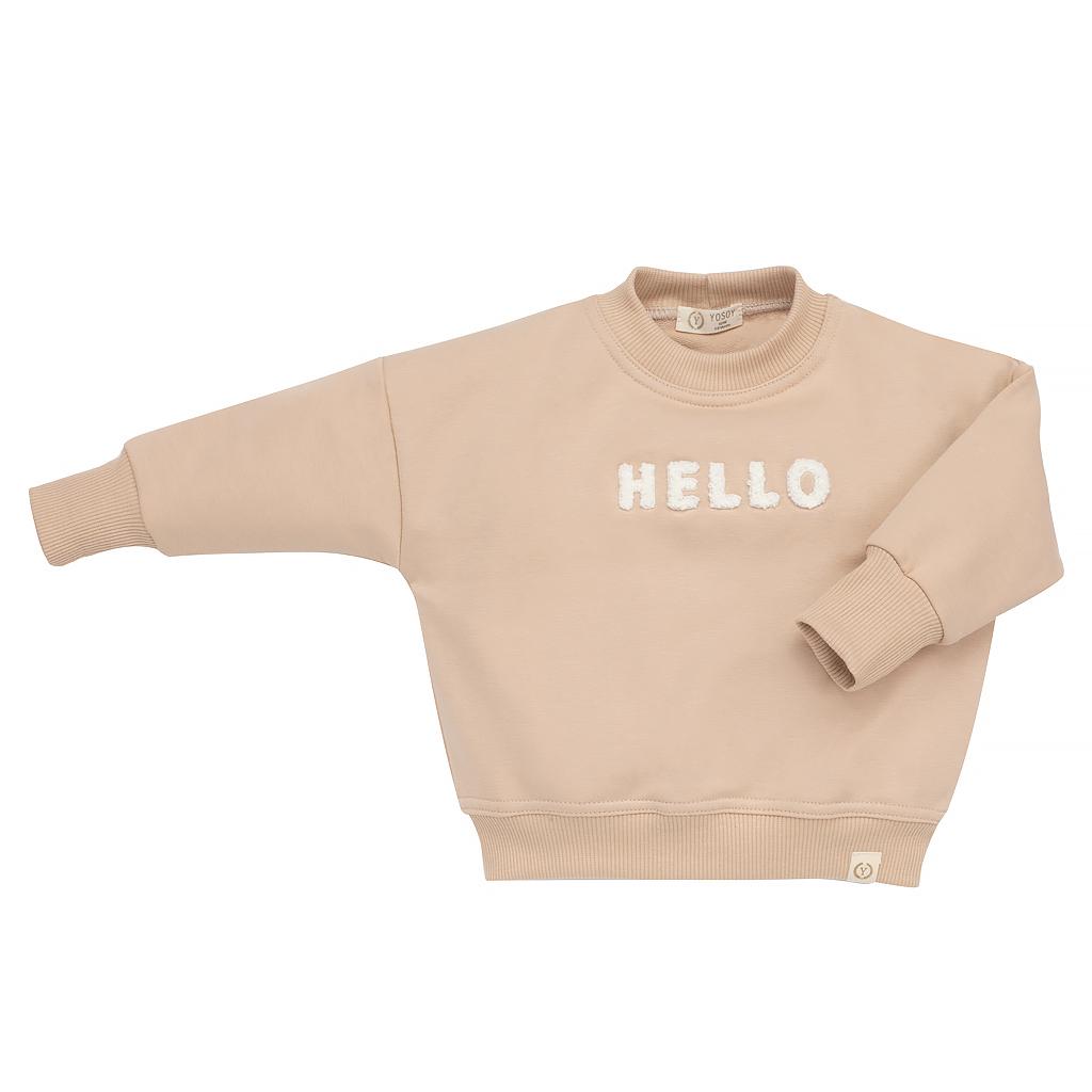 Beżowa bluza dziecięca z napisem "HELLO", długie rękawy.