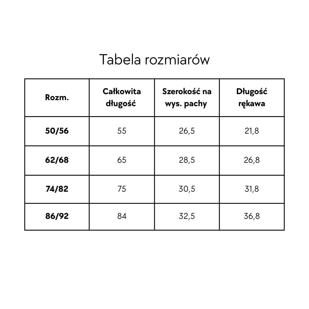 Tabela rozmiarów kombinezonu YOSOY z wełny merino. 
