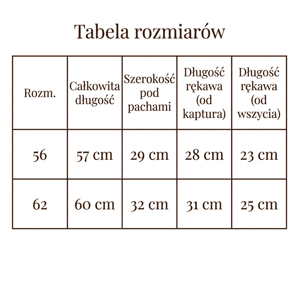Tabela z wymiarami dla kombinezonu merino yosoy 