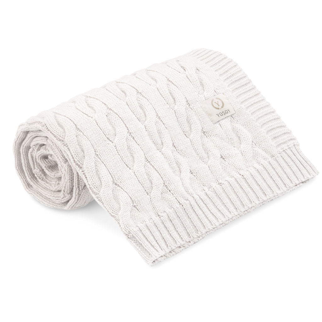 Koc z wełny merino Warkocz YOSOY w kolorze kremowym – 100% wełna merino, miękki dziany splot warkoczowy